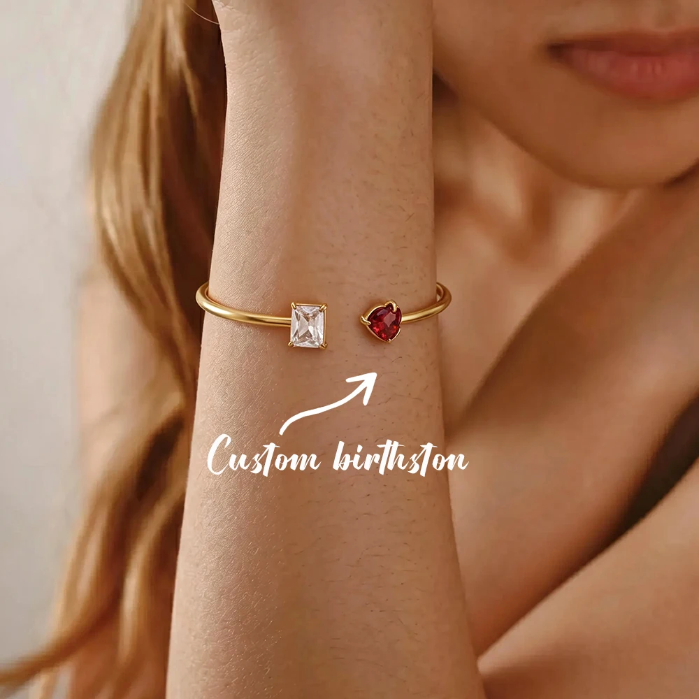 Personalisiertes Geburtsstein-Armreif-Armband für Mütter mit 2 Steinen, Zierlicher Schmuck, Geburtstagsgeschenk, Edelstahl, Wasserfest