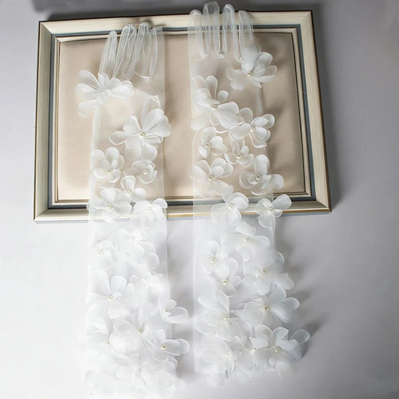 Elegant Wedding Lace Gloves 55Cm Women Bridal Floral Transparent Mesh Pearl Long Thin for Tea Party Prom Dress Accessories