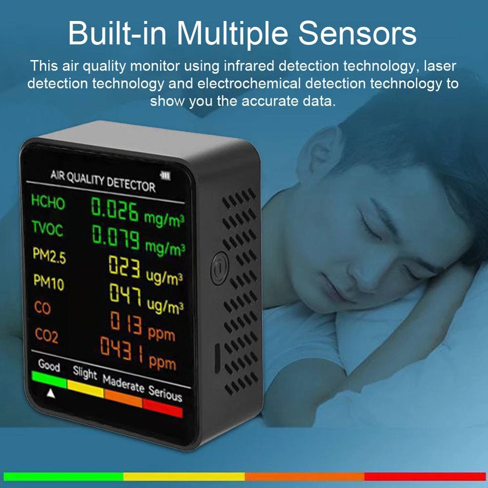 6 In 1 Multifunctional Air Quality Detector PM2.5 PM10 HCHO TVOC CO CO2 Formaldehyde Monitor LCD Display Home Air Quality Tester