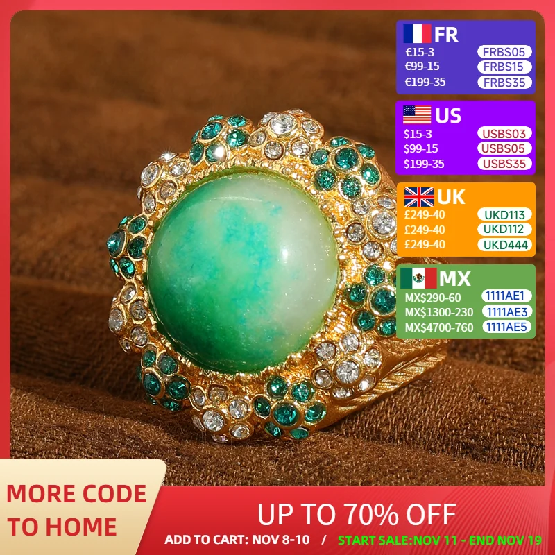 

Vintage Round Green Ring Stone Jade Rhinestone Flower Mothers Day Gift Christmas Holiday Party Accessories For Women 2025 Trends