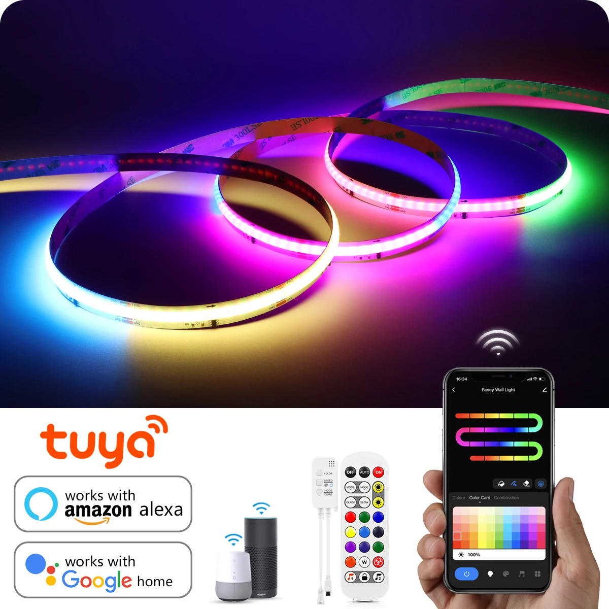 Tuya Smart WiFi WS2811 RGBIC COB LED Strip,Music Sync Chasing Light,Voice Control LED Tape for Bedroom Home Room Wall Decor
