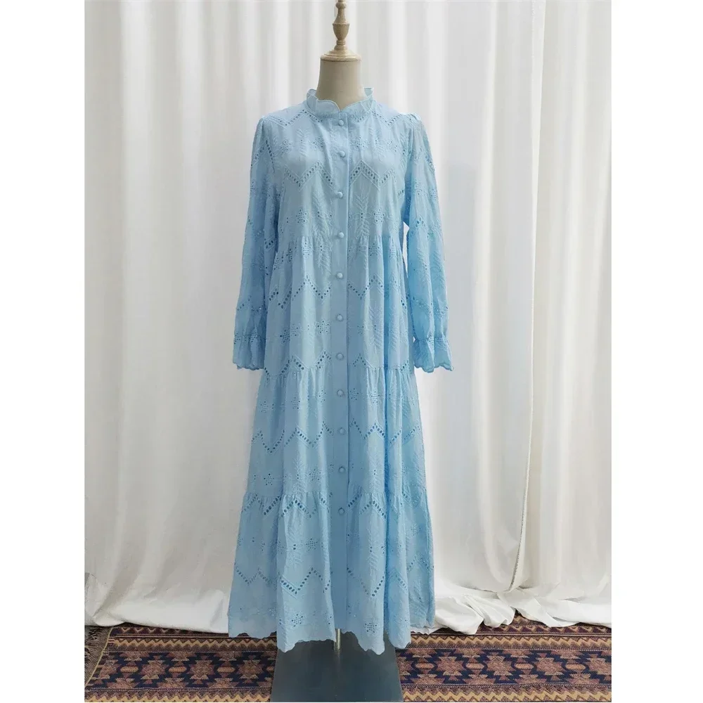 

Модное женское мусульманское платье Абая с открытой передней пуговицей, кружевное полое платье макси, турецкий кафтан, арабский халат, исламская вечеринка, рубашка Ид Дубай Джалабия