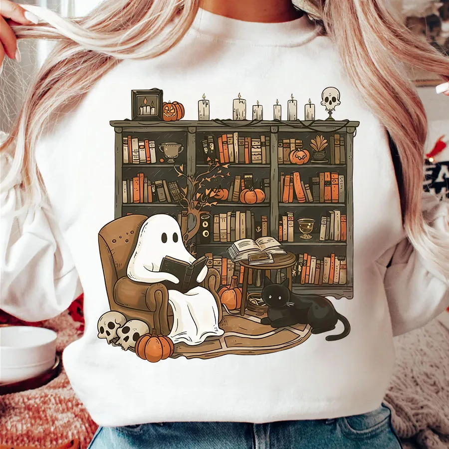 Libros de lectura de fantasmas de Halloween, pegatina de transferencia de calor termoadhesiva, camisetas, sudaderas, bolsa, fundas de almohada, ropa, decoración de fiesta