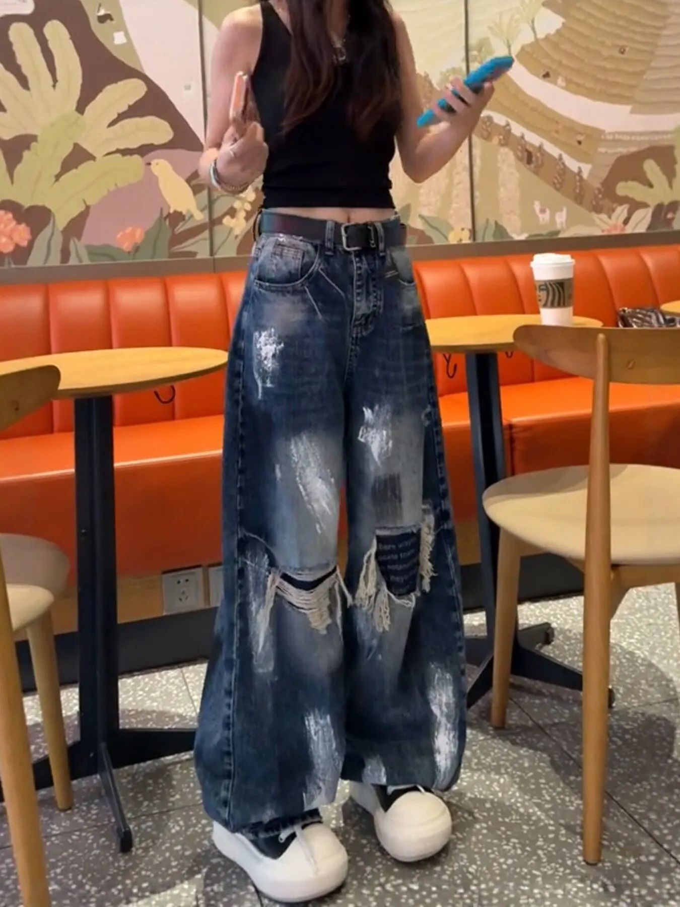 High Waist Wide Leg American Graffiti Design Loose Slimming Jeans Women's Autumn New Style plus Size Knife  Denim Pants