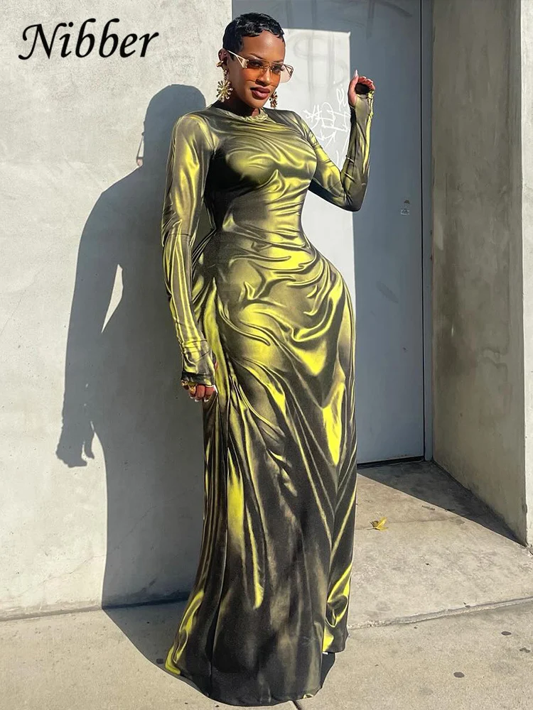 Nibber vestido sexy com estampa leve para mulheres, 2024, moda outono, simples, o-pescoço, manga comprida, gola o-pescoço, descolado, descolado, maxi, bodycon