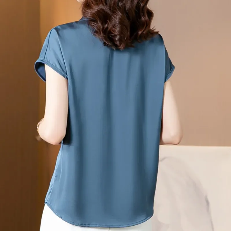 Vintage Blouse Women 2023 New Summer Satin Shirt Silk Elegant Womens Tops Short Sleeve Blouses and Shirts Fashion Women Clothing