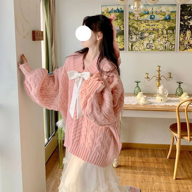 Pink Kawaii Oversize Knitwear Sweaters Women Sweet Cute Big Bow Pullovers Autumn Winter Keep Warm Lantern Sleeve V-Neck Sweater