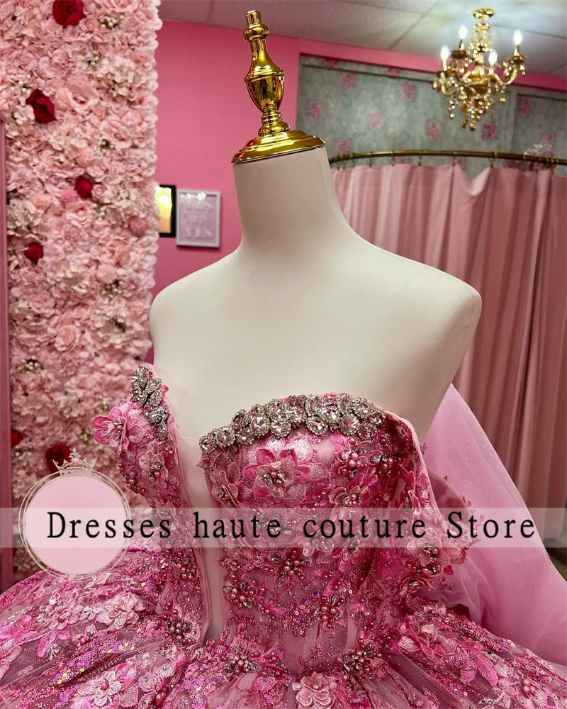 Mexican Pink Lace Appliques Quinceanera Dress 2024 3D Flowers Ball Gown With Bow Crystals Sweet 16 Dess Vestidos De XV Anos