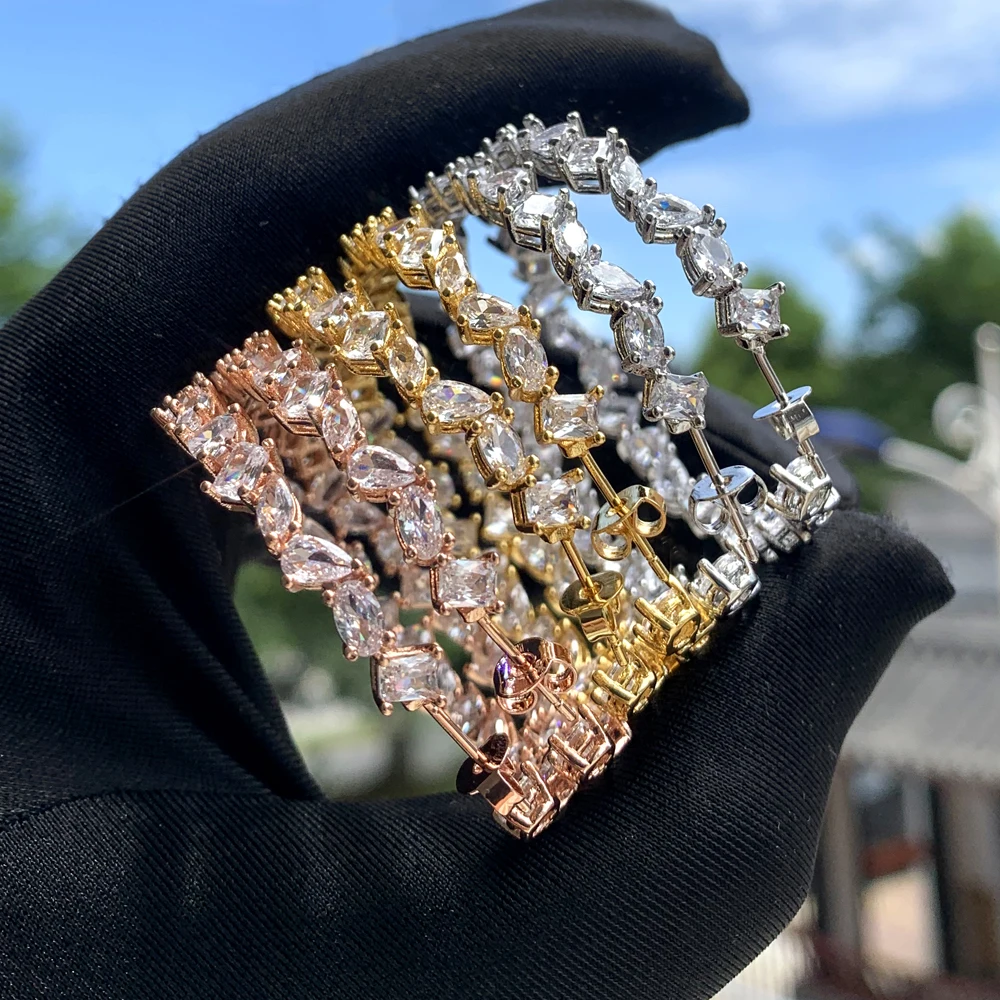 High Quality Rectangle Round Cubic Zirconia Various Shaped Hoops Earring Luxury Iced Out Bling CZ 45mm Big Huggie Women Jewelry