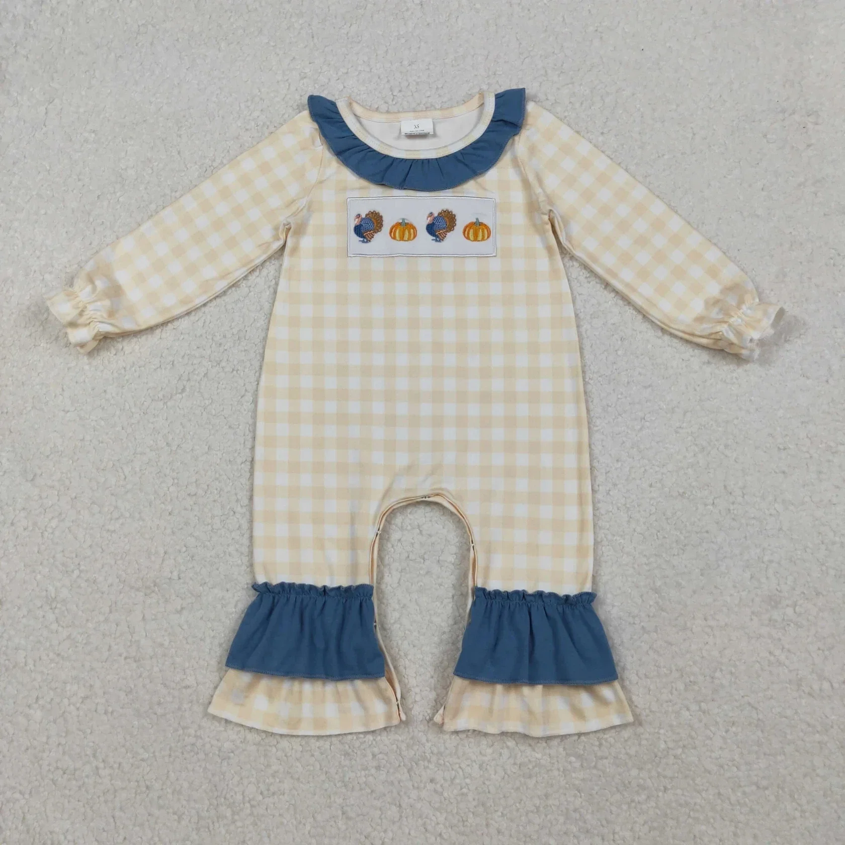 Wholesale Kids Newborn Coverall Bodysuit Baby Girl Toddler Thanksgiving Children Embroidery turkey Pumpkins Plaid Ruffle Romper