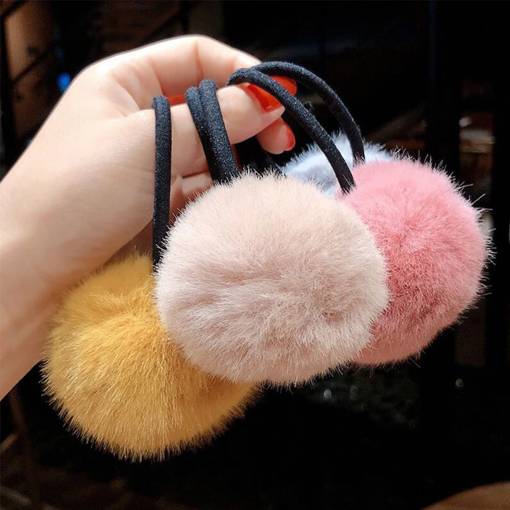 Women Winter Hairband Plush Pompom Elastic Plush Hair Rope Ponytail Holder Hair Accessories Pompom Rubber Band