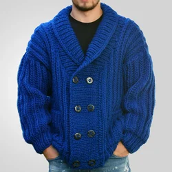 Men Cardigan Open Stitch Sweaters Coat Turn Down Collar Double Breasted Knitted Solid Casual Loose Knit Coats Autumn Winter