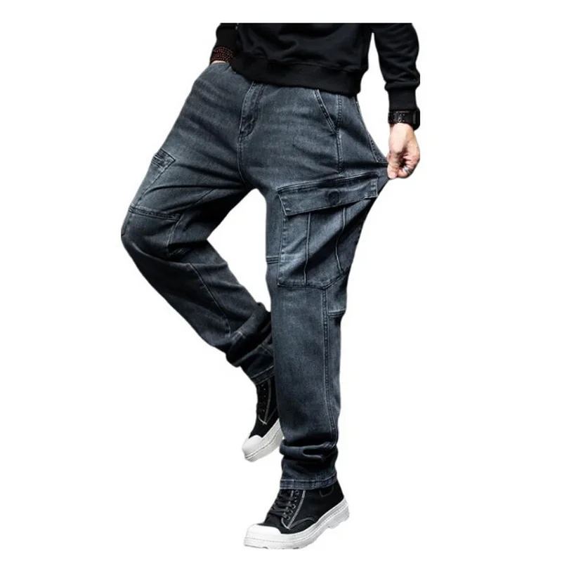 Male Jeans Distressed Loose Straight Oversized Elastic Denim Trousers With Multiple Pockets Suitable For Autumn Winter