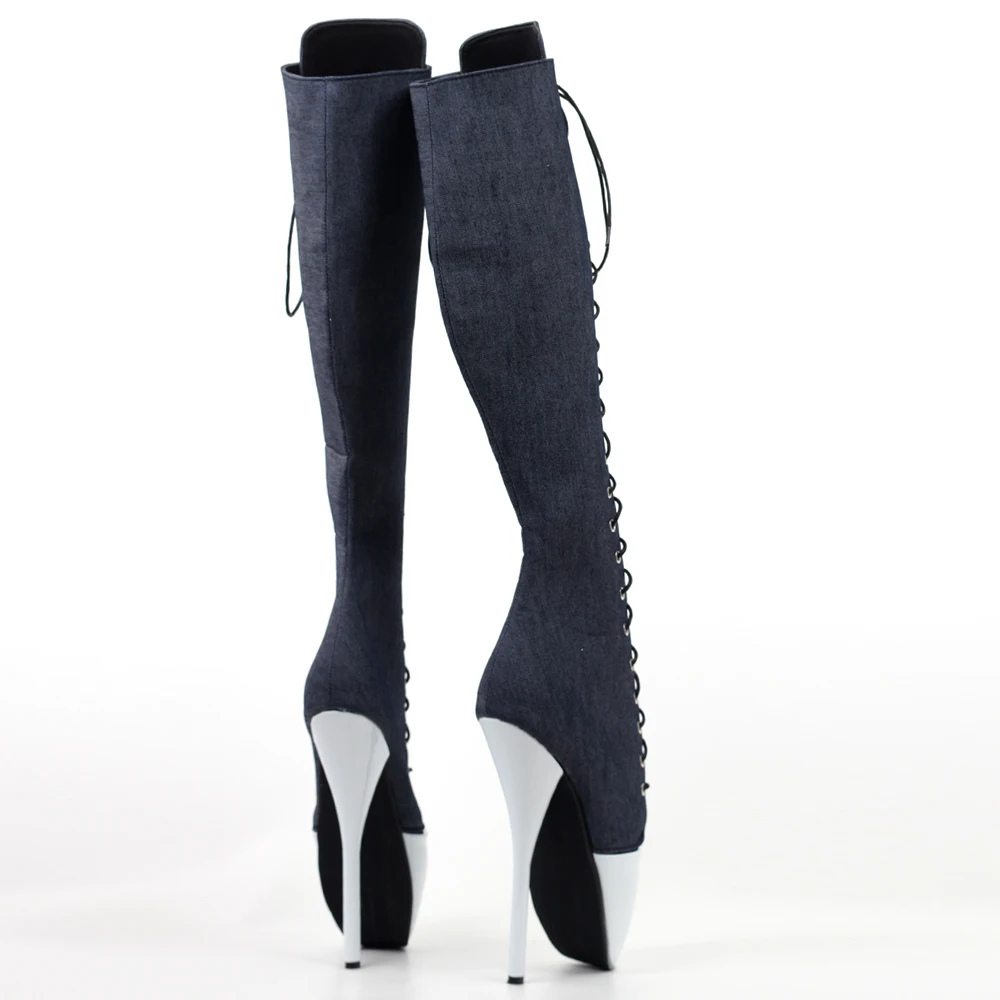 7 Inch High Heel Denim Knee High Ballet Boots New Style Unisex Size36-46