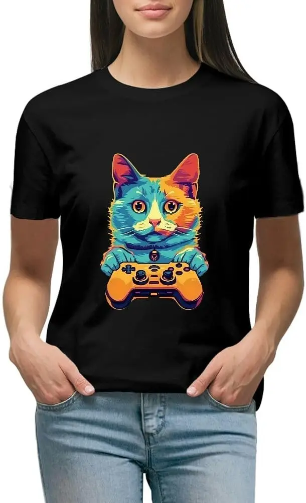 

Cat Shirt Cat Playing with Gaming Controller Graphic Tees, Plus Size Short Sleeve Crewneck T Shirts for Men Women