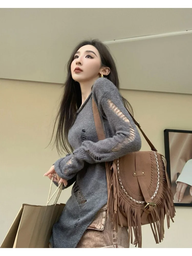 HOUZHOU Kpop Grunge Hollow Out Gray Sweater Women Harajuku Solid Split Distressed Knit Jumper Spring Long Sleeve Tops Pullover