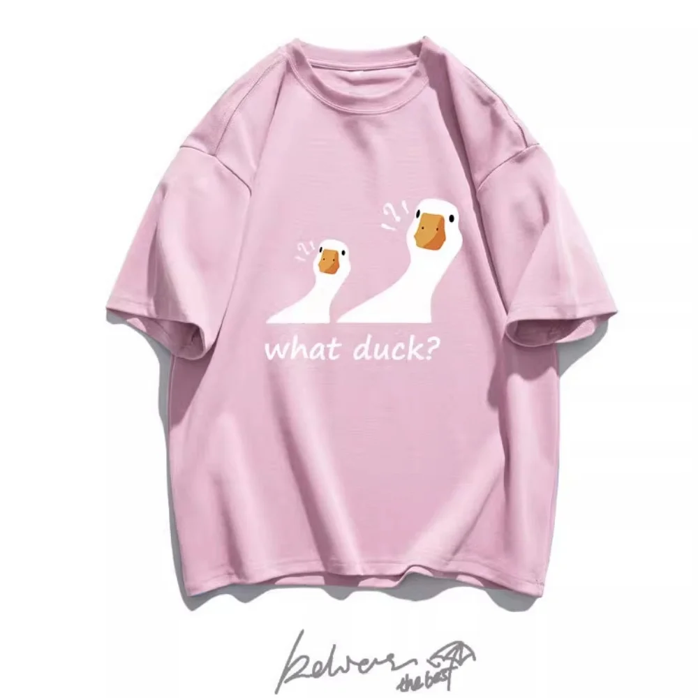 المألوف عارضة الذكور والإناث العالمي الكرتون طباعة الصيف جامعة نمط بطة فضفاضة قصيرة الأكمام الكورية نمط تي شيرت