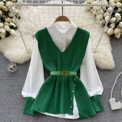 Knitted Vest Women's Two-piece Autumn Outfit New Solid All-match Youth Elegant Vest Two-piece Set Temperament Elegant Clothing