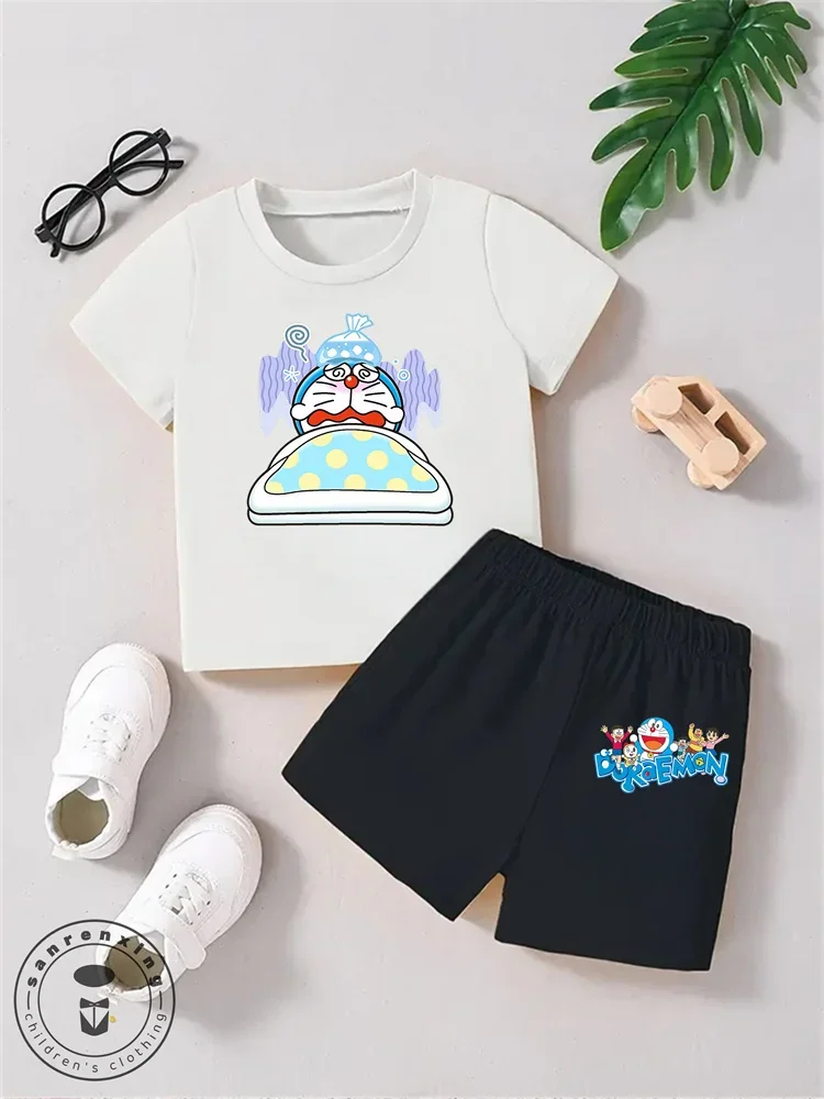 

New Anime Cartoon Kids 4-14 Years Old Kawaii Boys Girls Doraemon Summer Short Sleeve Stitch Fashion Casual Street T-shirt Set