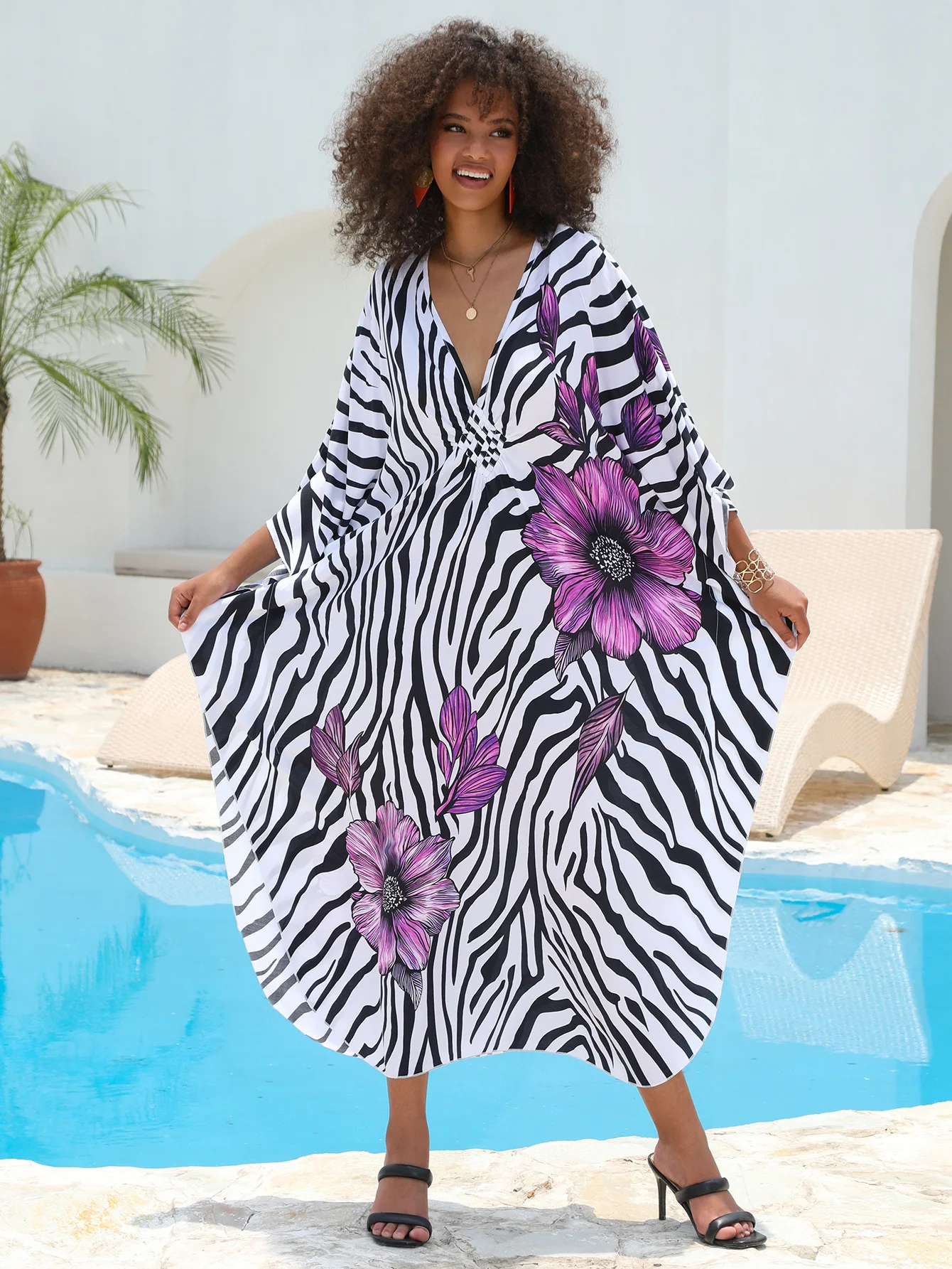 Plus Size Kaftan Zebra and Purple Flower Print Beach Coverups for Women Caftan Dress Beach Vacation Clothes Hot Sales 2026 New