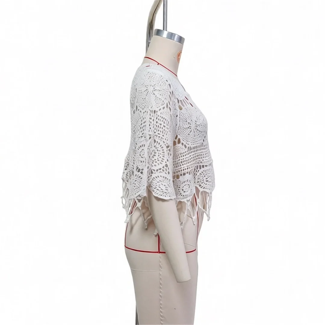 Halbarm-Tunika mit Ausschnitten, einfarbig, gehäkelt, gestrickt, Strand-Überwurf, Strandkleid, Strandmode, Damen V8401 – Detail 12