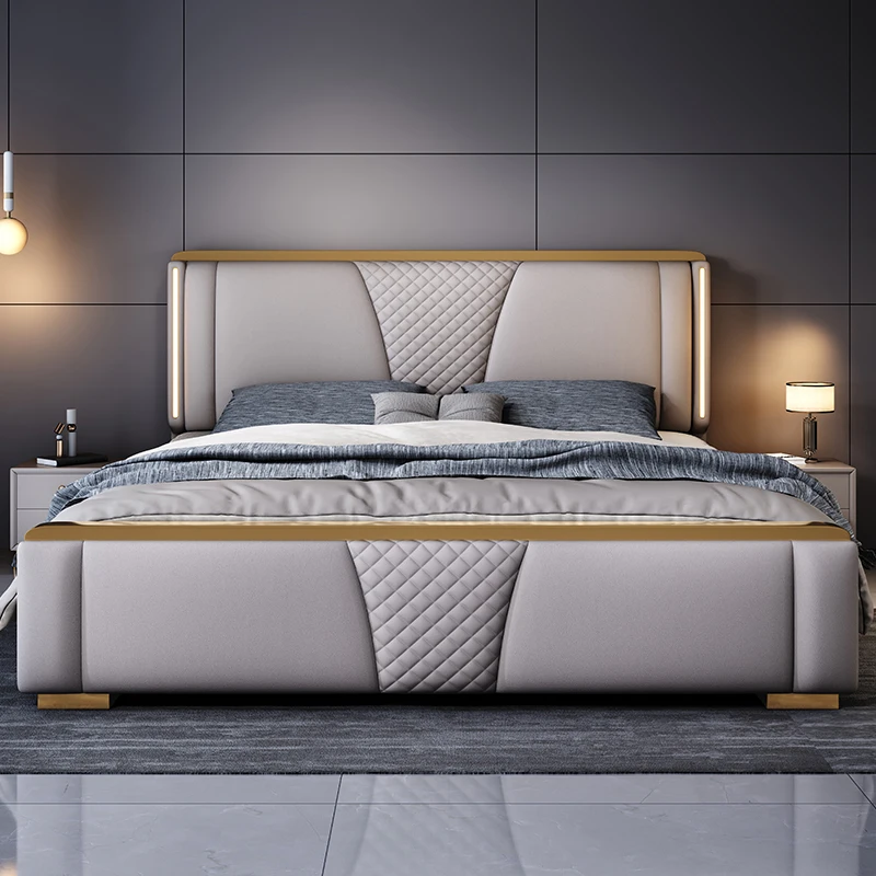 

#For elegant modern cheap brown leather bed with night light upholstered bed set bedroom minimalist designer storage bed frame