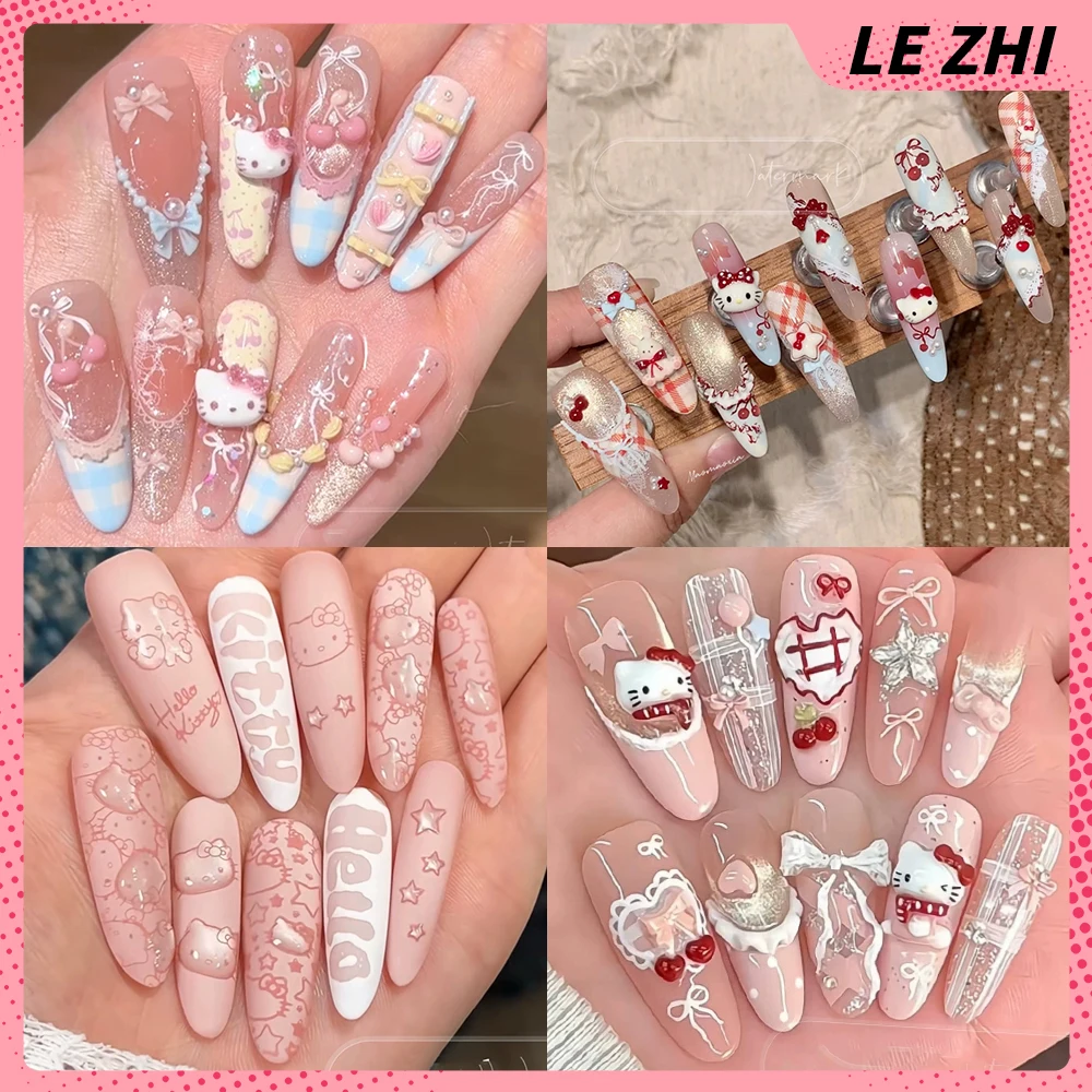 10Pcs Stiker Kuku Panjang Stiletto Buatan Tangan Motif Kartun Hello Kitty Pink, Cherry Pearl Cream Bowknot French Press On Nail