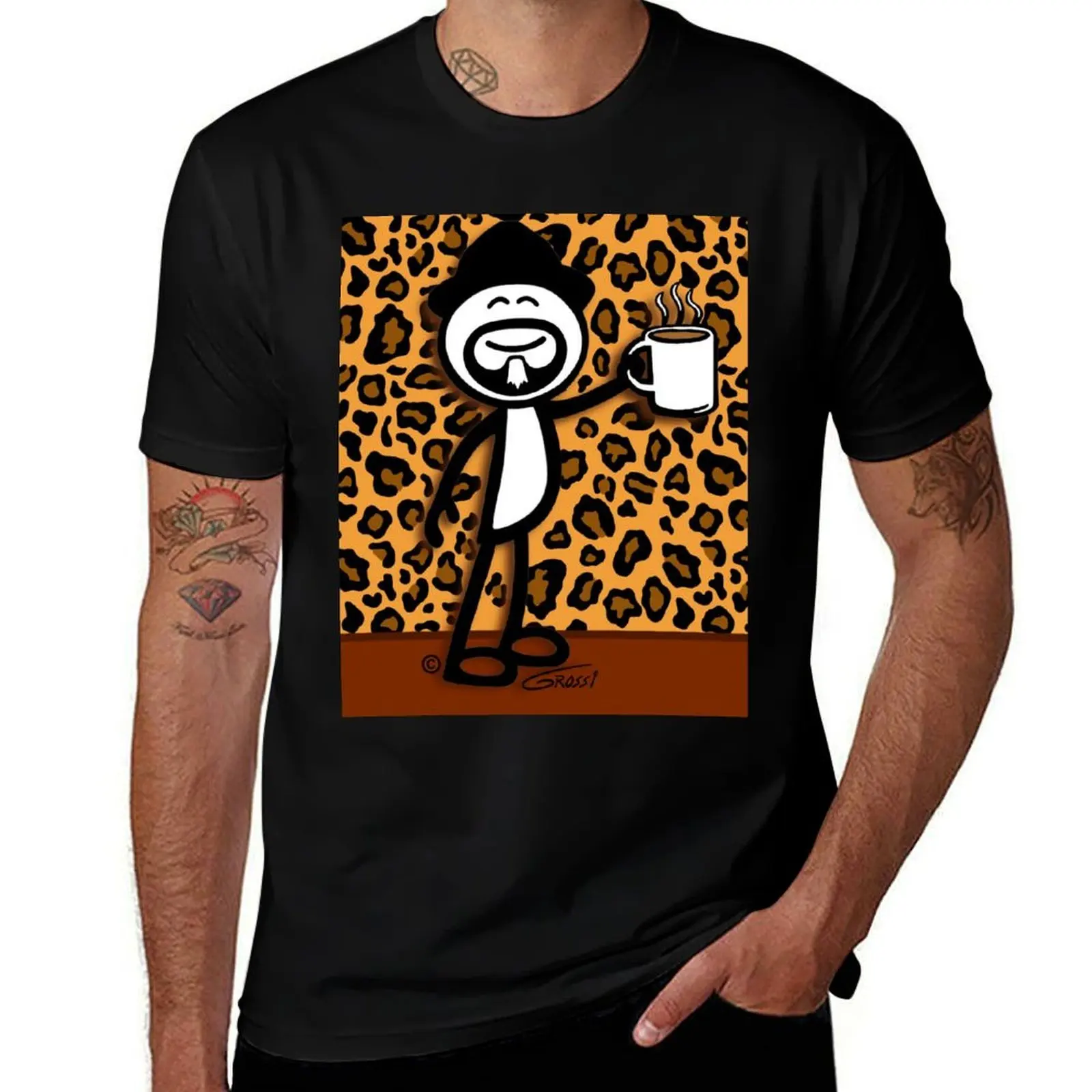 GG Coffee Guy Stick Figure Leopard Print T-Shirt Plus Size Comfort Fit Tee T-Shirt