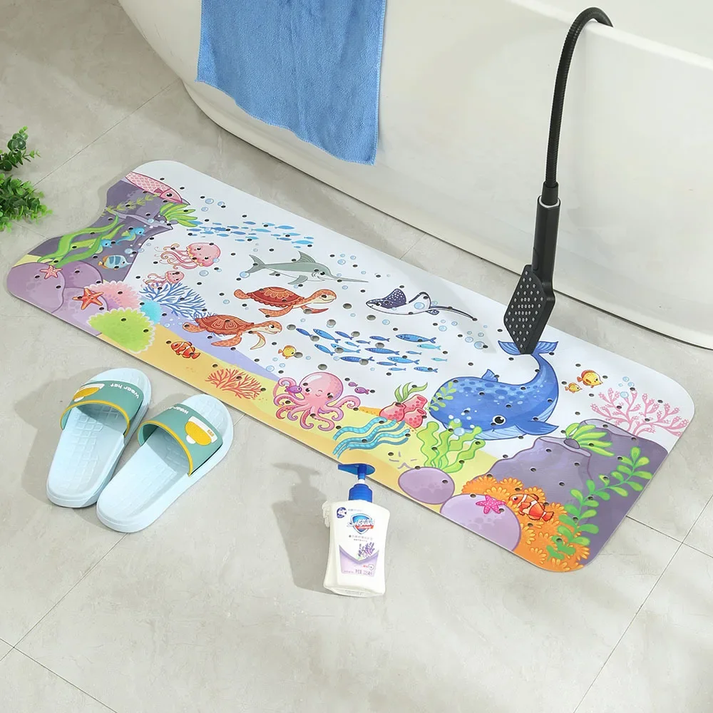 White cartoon bathtub mat with suction cups and drain holes, 40x100cm.
