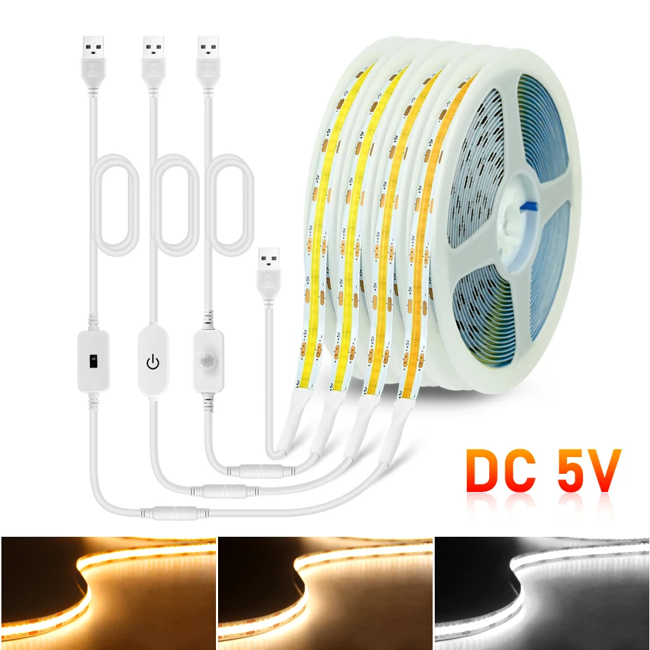 High Density DC 5V USB COB LED Strip Light 300LEDs/m Flexible Tape Motion/Touch/Hand Sweep Sensor Adhesive Ribbon 1m 2m 3m 4m 5m