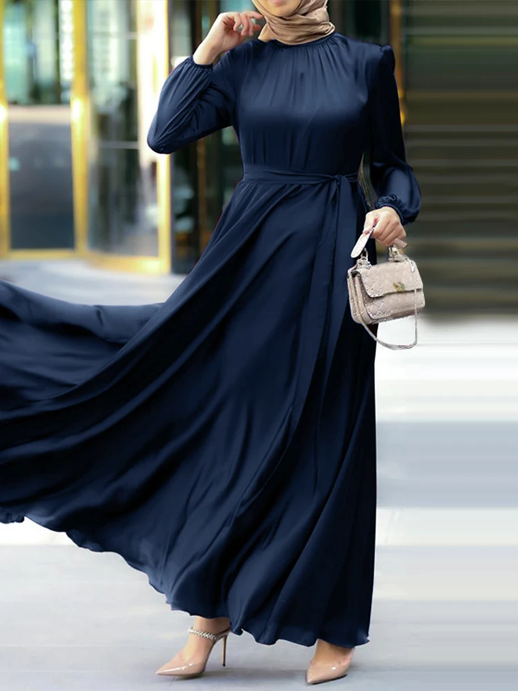 ZANZEA Elegant Women Satin Maxi Dress Muslim Islamic Luxury Long Sleeve O Neck Tied Waist Abaya Robes Solid Color Party Vestidos