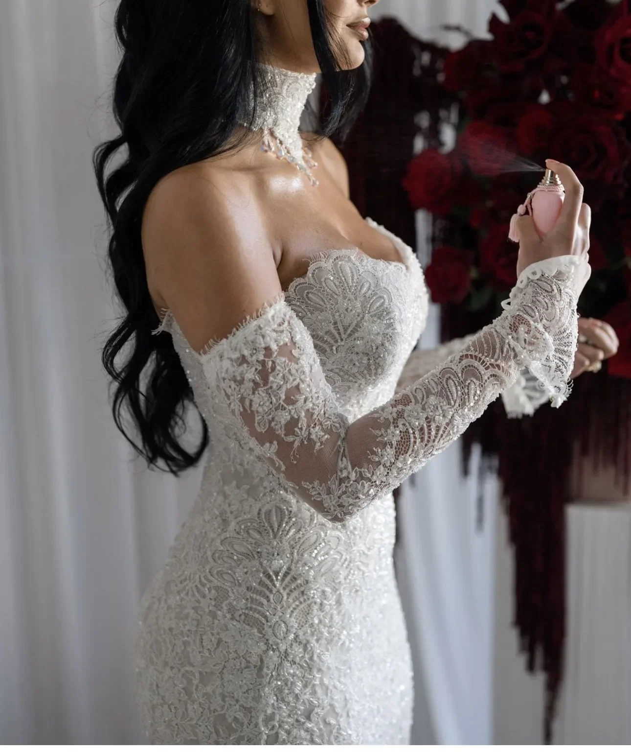 Maßgeschneidertes Meerjungfrauen-Brautkleid mit Spitze, langen Ärmeln und abnehmbarer Schleppe, schulterfrei, Hochzeitskleid, Vestidos de Novia – Detail 5