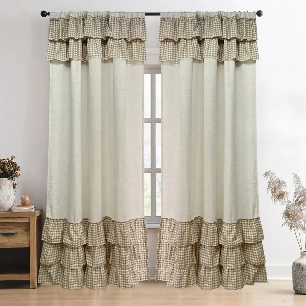 Vintage Imitation Linen Semi Sheer Curtains With Plaid Ruffle Farmhouse Curtains for Living Room, Bedroom Weaken The Light