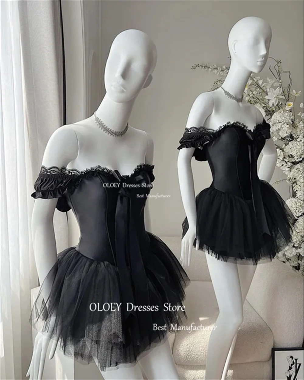 OLOEY Elegant Sweetheart Short Cocktail Dresses 3d Flowers Ruffles pieghe Tulle abiti da festa di nozze abito rosa bianco nero