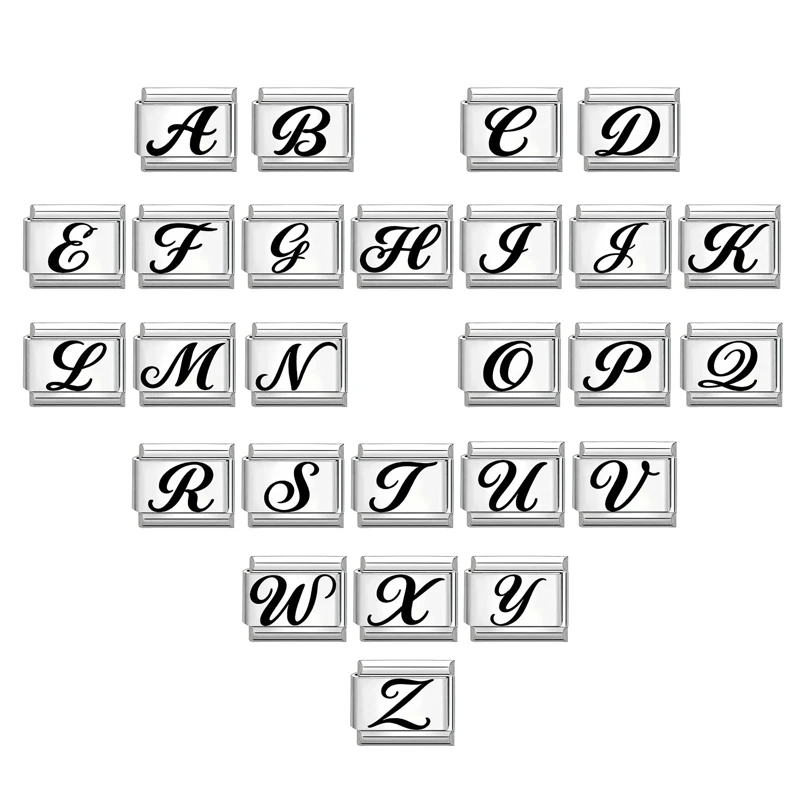 Fashion Laser Engraving 26 English A-Z Letters Black Italian Charm Link Fit 9mm Stainless Steel Bracelet DIY Making Jewelry Gift