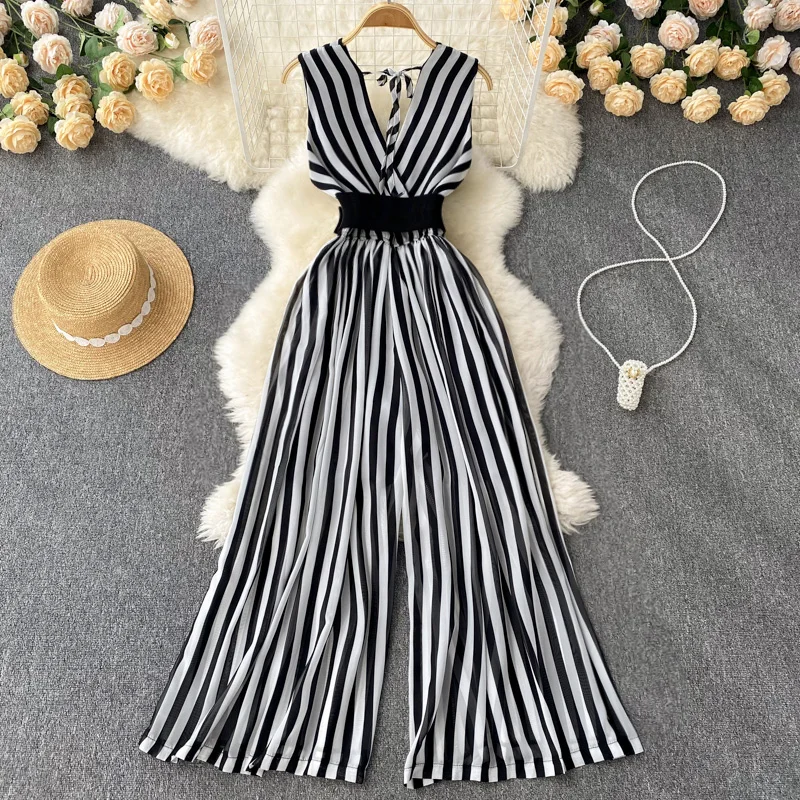 Long Jumpsuit Summer Woman Temperament V-neck Chiffon Striped Waist New Korean Version Sleeveless Jumpsuit Wide-leg Jumpsuit