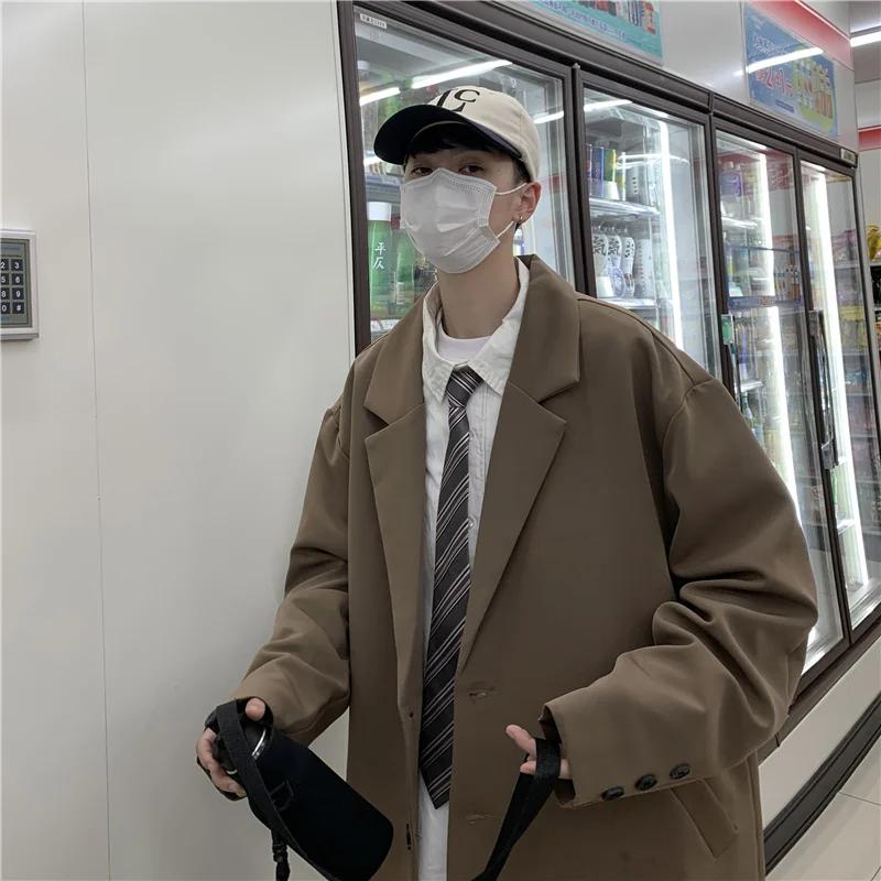 

Spring Autumn Trendy Loose Pure Color Men's Single Piece Suit Vintage Handsome Jacket Casual Long Sleeve Regular Fit