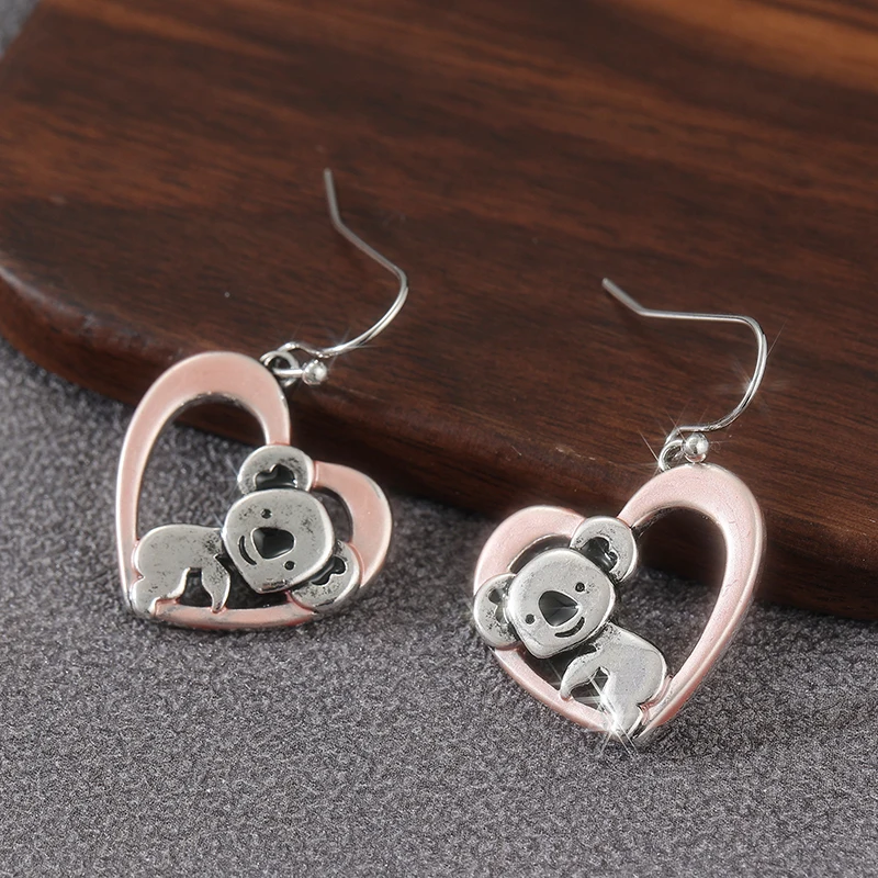 Lovely Handmade Koala Hollow Heart Pendant Earrings for Women Fashion Chic Two Tones Design Banquet Festival Jewelry Accessories view 3