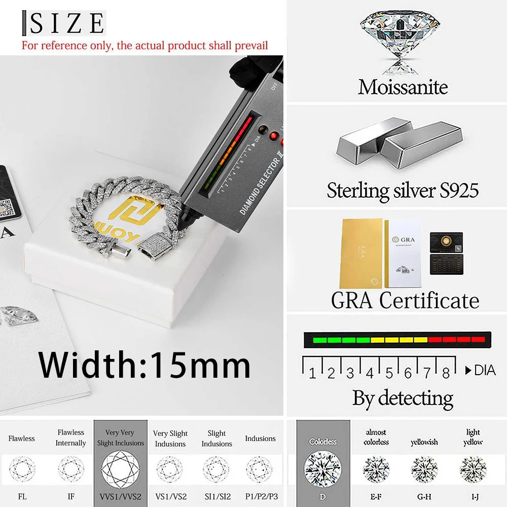 힙합 박스 락 쿠바 팔찌 남성용, 하이엔드 15mm Vvs 모이사나이트 다이아몬드 브라이트 925 실버 풀 아이스 아웃 쿠바 링크 팔찌