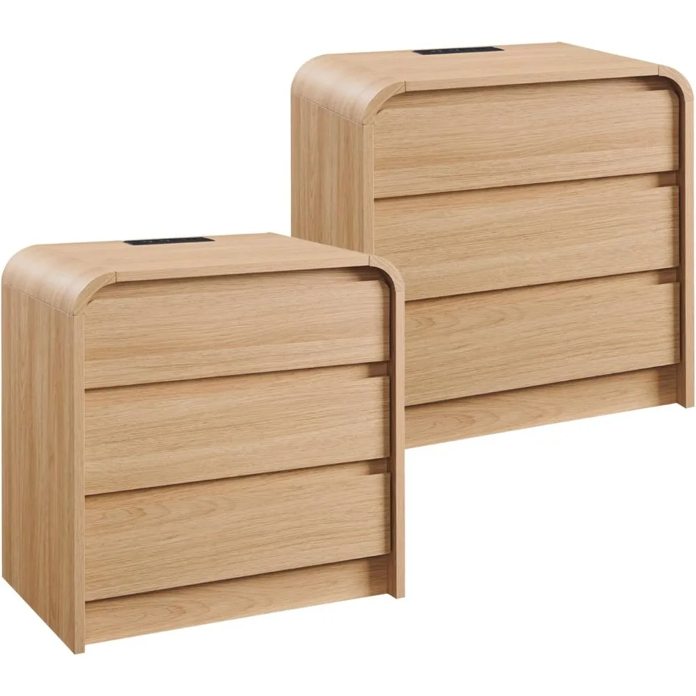 

25" Tall Modern Nightstand Set of 2, 23.6" Wide Wood Bedside Table with Charging Station, 3 Storage Drawers Side Table w/Curved