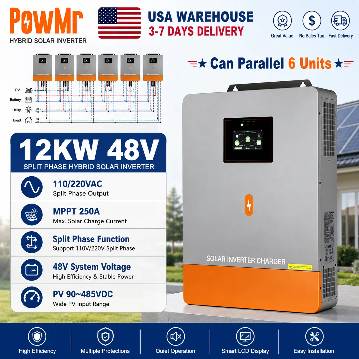 PowMr US 12000W 12KW 48V Split Phase Hybrid Solar PowMr US Inverter Charger 110/220Vac Output With MPPT 250A Solar Controller Dual MPPT 24000W PV Input 500V Work for Lead Acid Lithium Battery BMS Parallel Function UPS Off Grid Home Solar Power System