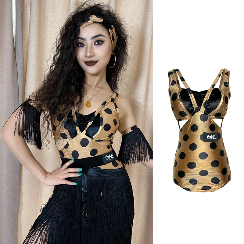 

Gold Polka Dots Latin Dance Costume Rumba Dance Performance Wear Practice Wear Bodysuit Samba ChaCha Dancing Clothes YS5263
