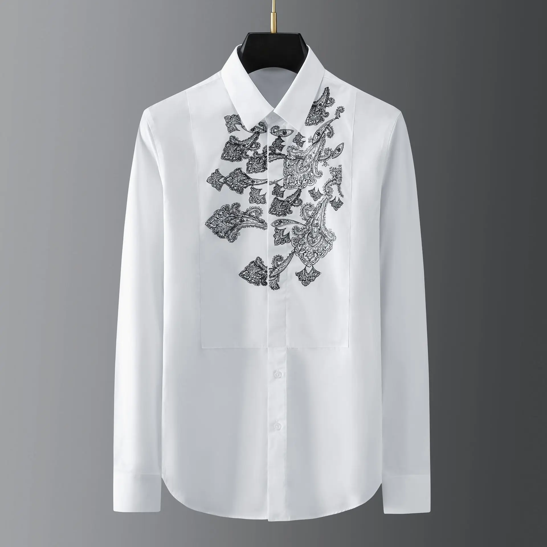 New European and American precision totem embroidery for men's long sleeved shirts, casual and versatile fashion shirts