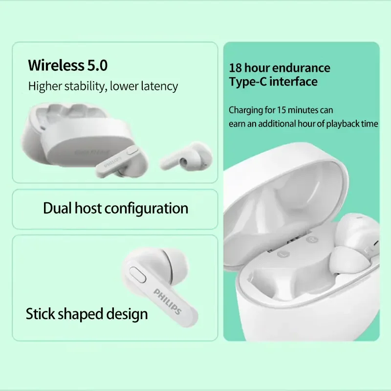 PHILIPS TAT2206 TWS Wireless Bluetooth Earphones Waterproof IPX4 SBC Sports Headset 500mAh Low Latency Gaming Headphone with Mic