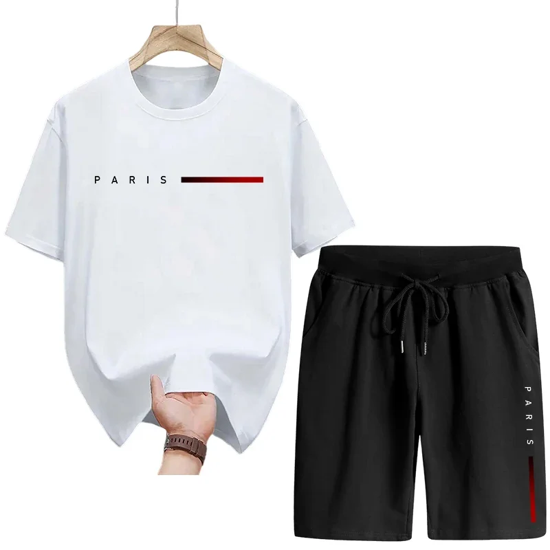 الصيف Hot البيع الرجال مجموعة عالية الجودة القطن الخالص تي شيرت سريعة الجافة السراويل باريس موضة مطبوعة رياضية الذكور ملابس غير رسمية