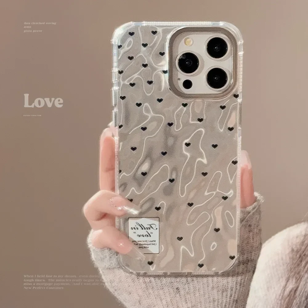 Coque de téléphone antichoc en argent avec petit cœur, style coréen, coque en poly, ondulation de l'eau, iPhone 15 14 12 13 11 Pro ProMax Plus X