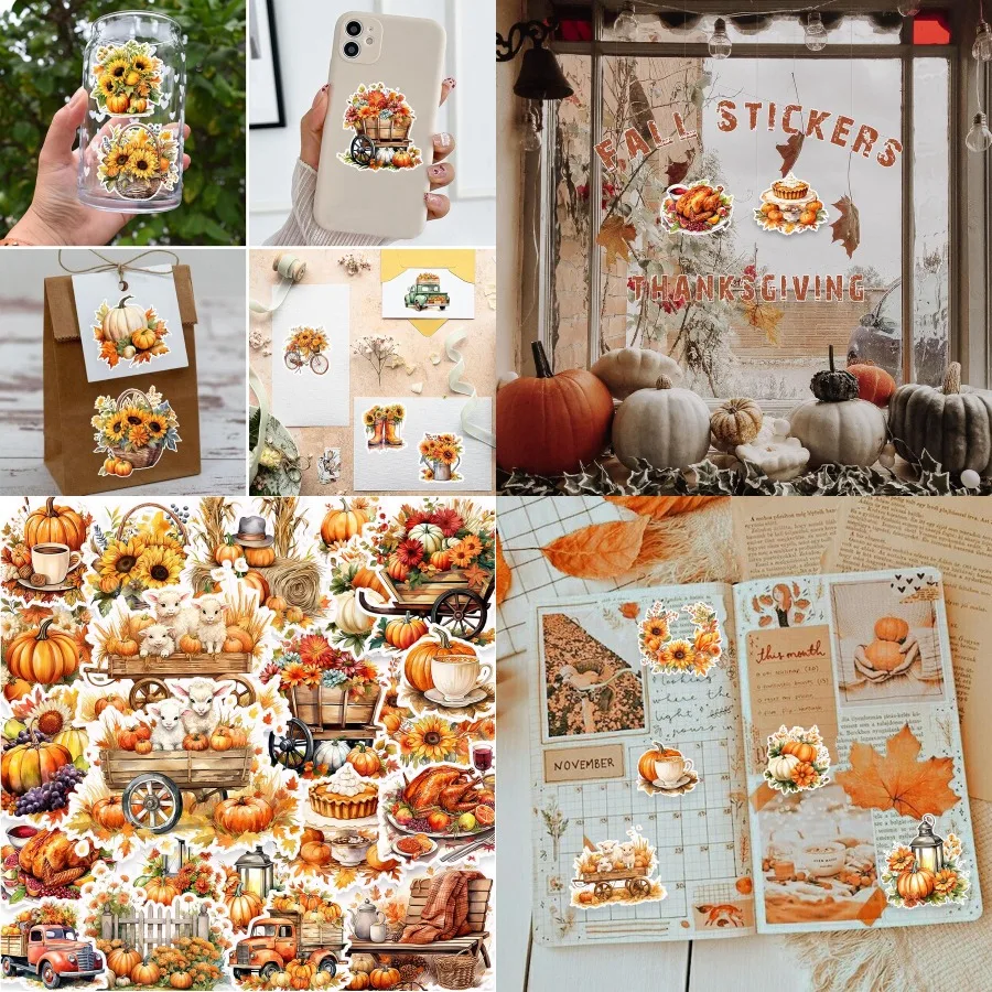 

100 Pcs Thanksgiving Fall Stickers Yellow Autumn Pumpkin Stickers for Teens Adults Cottagecore Sticker Farm Sticker for Water B