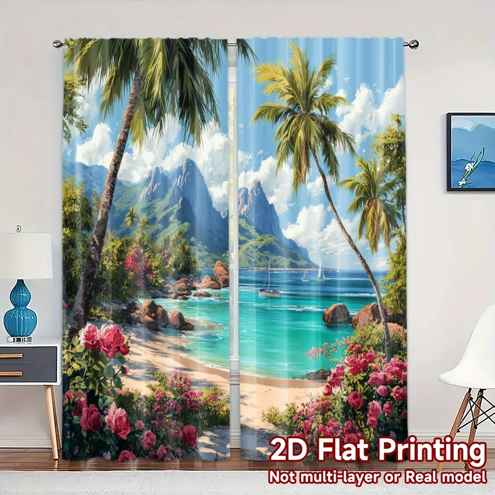 2pcs, 2D FLAT PRINTING Curtains (Without Rod) Tropical Bliss Chic Window Curtain Versatile Polyester Curtains Gifts Perfect for