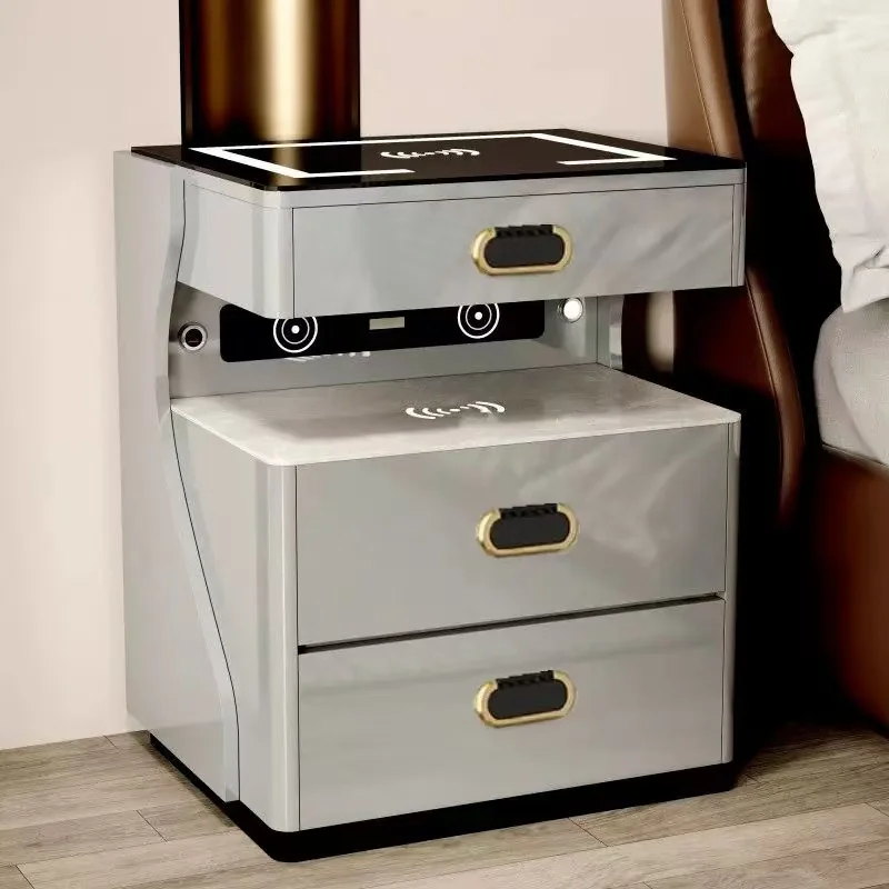 طاولة بجانب السرير الذكية الفاخرة الحديثة مع أضواء LED شحن لاسلكي، أثاث تخزين خشبي لغرفة النوم ومكبر صوت بلوتوث آمن