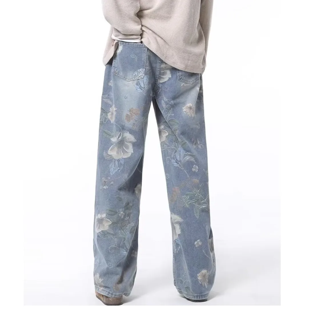 Autumn Hong Kong Style Men Washed Denim Pants Men Trendy Flower Jean Pants Homme Classic Wide Leg Pants Male Streetwear Trousers